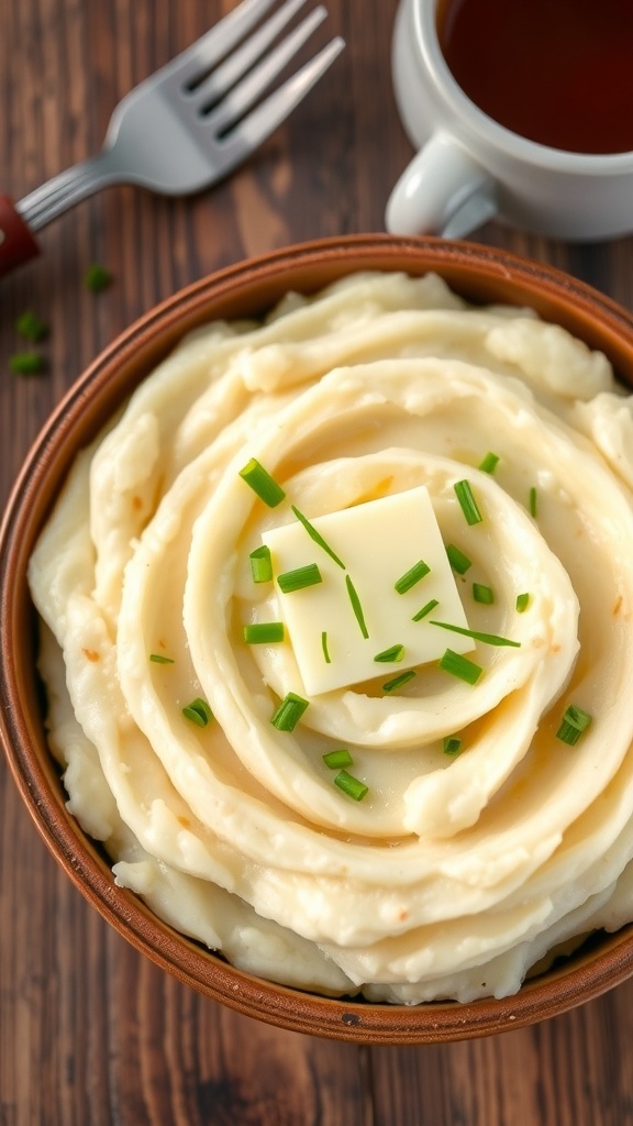 A bowl of creamy mashed potatoes with butter and chives on a rustic table.